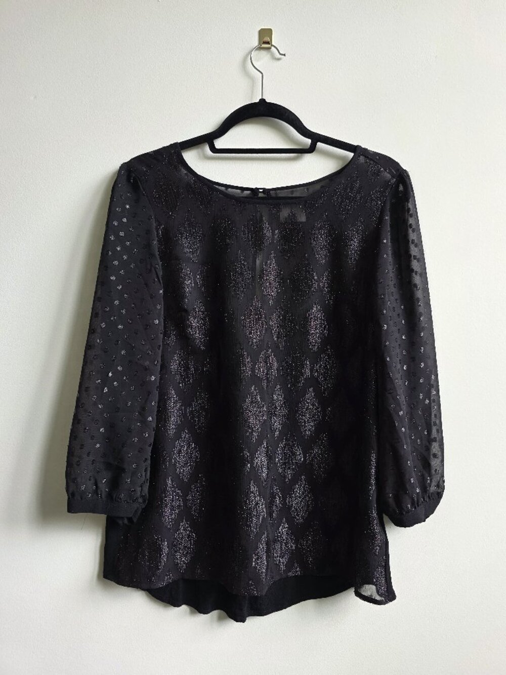 Size 10 HD in Paris Black Blouse, Shimmering Diamond Pattern & Sheer Sleeves